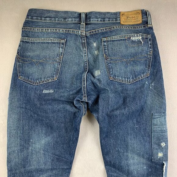 Ralph Lauren Polo Mens 33 Blue Distressed Jeans Sullivan Slim Patchwork 33x32 - Picture 15 of 16